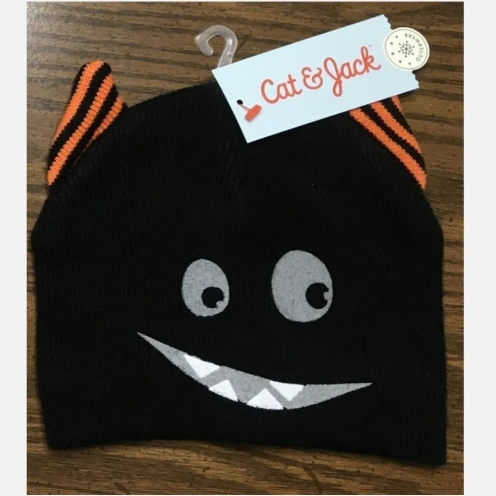 Cat & Jack Black Orange Monster Child's Beanie Winter Hat 12-24 M Infant Toddler